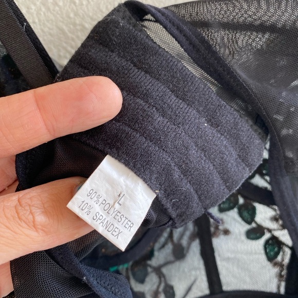 Black Mesh Longline Bralette with Green & Gold Embroidery (L) - Picture 3 of 8